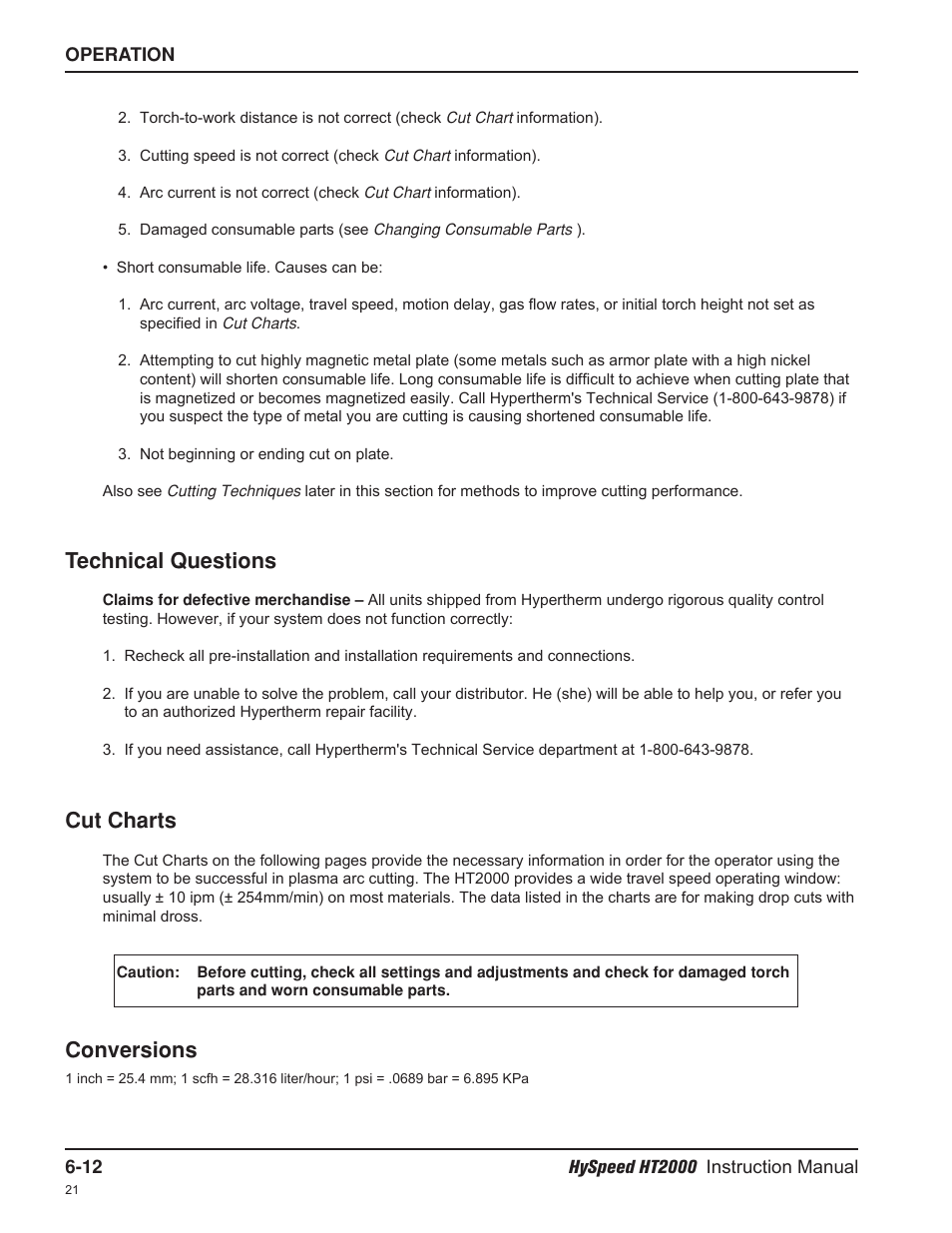Technical questions, Cut charts, Conversions | Hypertherm HT2000-200 Volt User Manual | Page 107 / 289