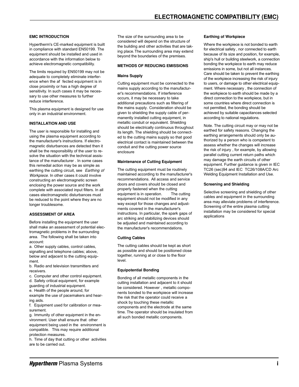 Electromagnetic compatibility (emc), Hypertherm plasma systems i | Hypertherm HT2000-200 Volt User Manual | Page 12 / 289