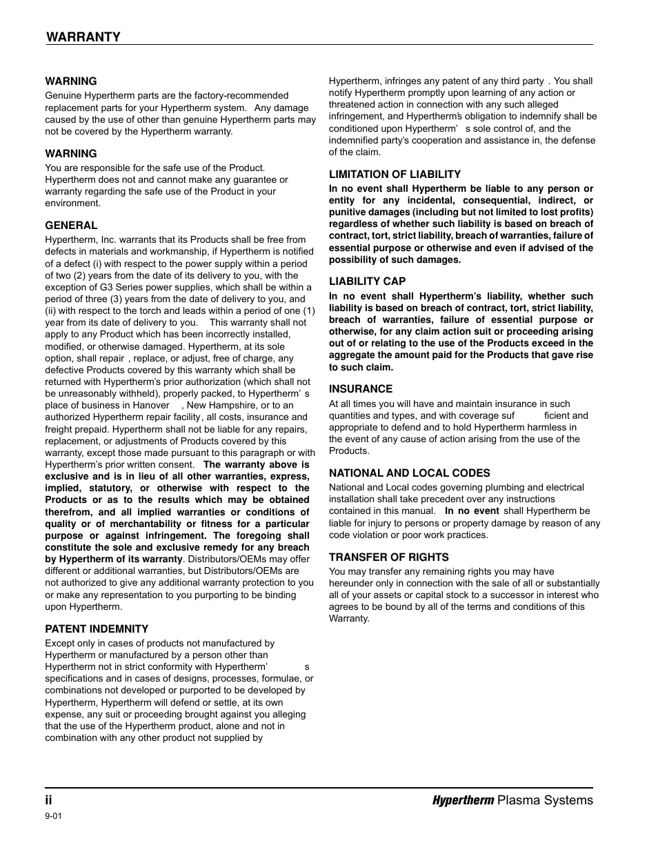 Warranty ii hypertherm plasma systems | Hypertherm HT2000-200 Volt User Manual | Page 13 / 289