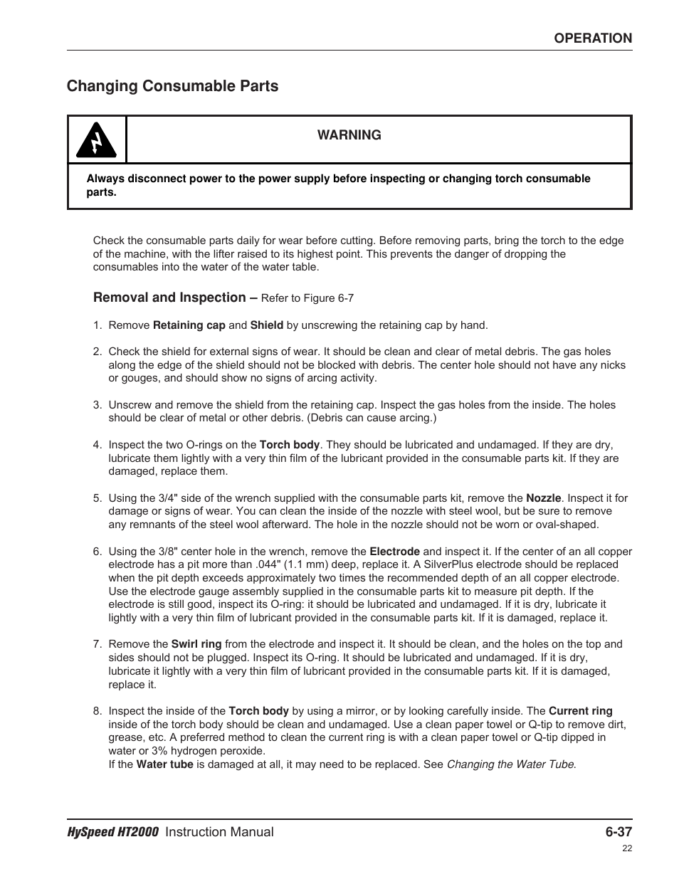 Changing consumable parts | Hypertherm HT2000-200 Volt User Manual | Page 132 / 289