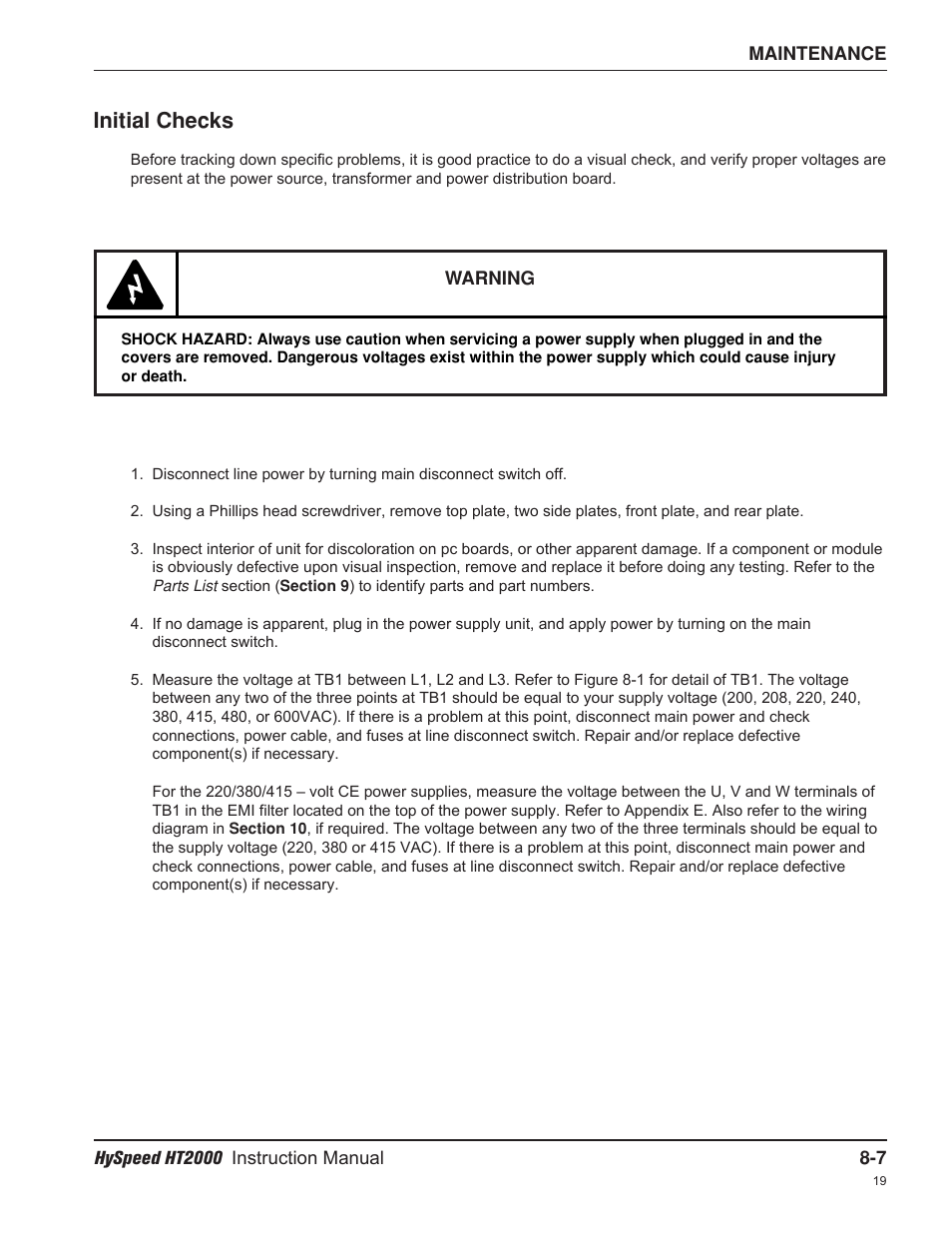 Initial checks | Hypertherm HT2000-200 Volt User Manual | Page 152 / 289