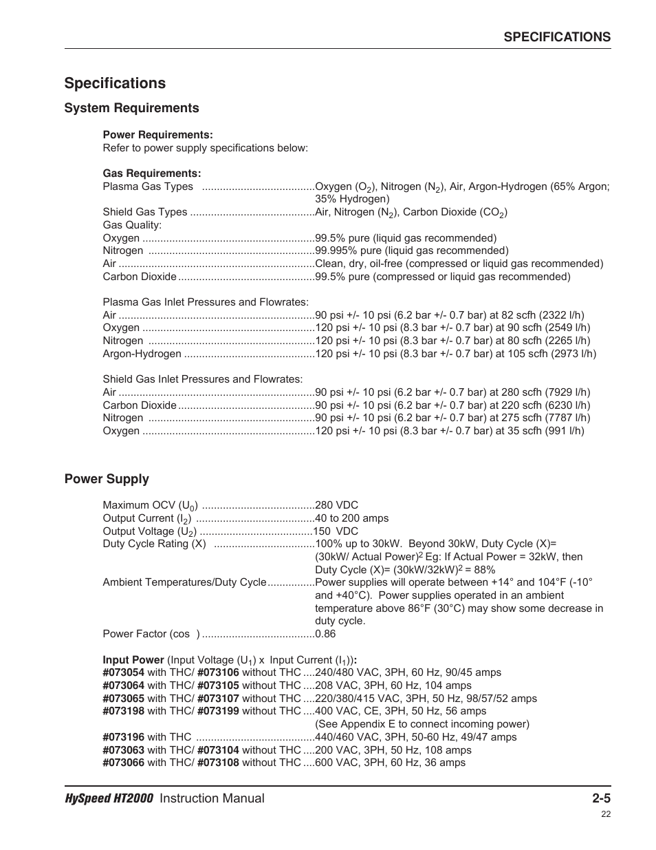 Specifications | Hypertherm HT2000-200 Volt User Manual | Page 36 / 289