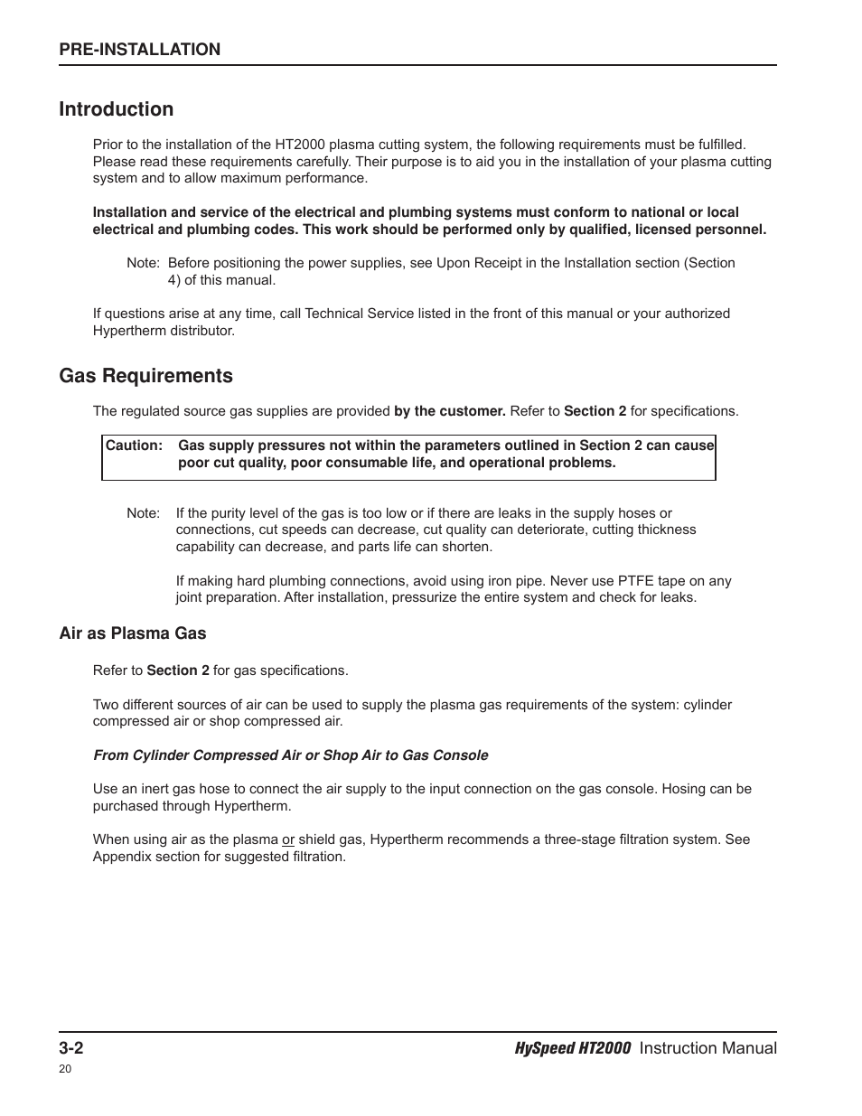 Gas requirements, Introduction | Hypertherm HT2000-200 Volt User Manual | Page 43 / 289