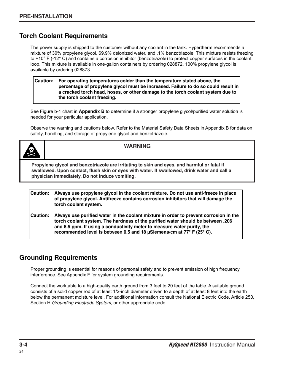 Torch coolant requirements, Grounding requirements | Hypertherm HT2000-200 Volt User Manual | Page 45 / 289