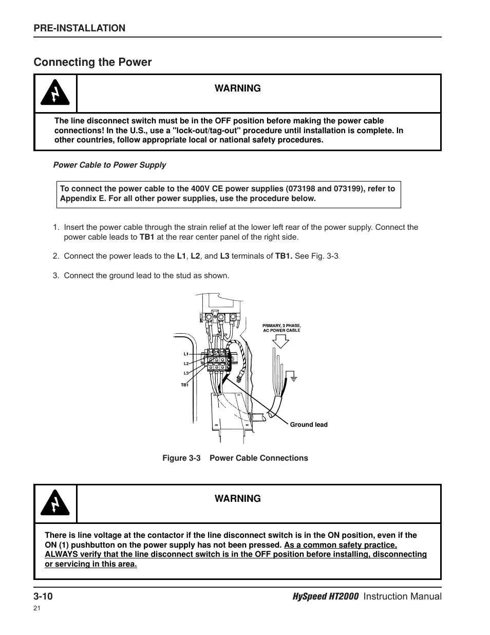 Connecting the power | Hypertherm HT2000-200 Volt User Manual | Page 51 / 289