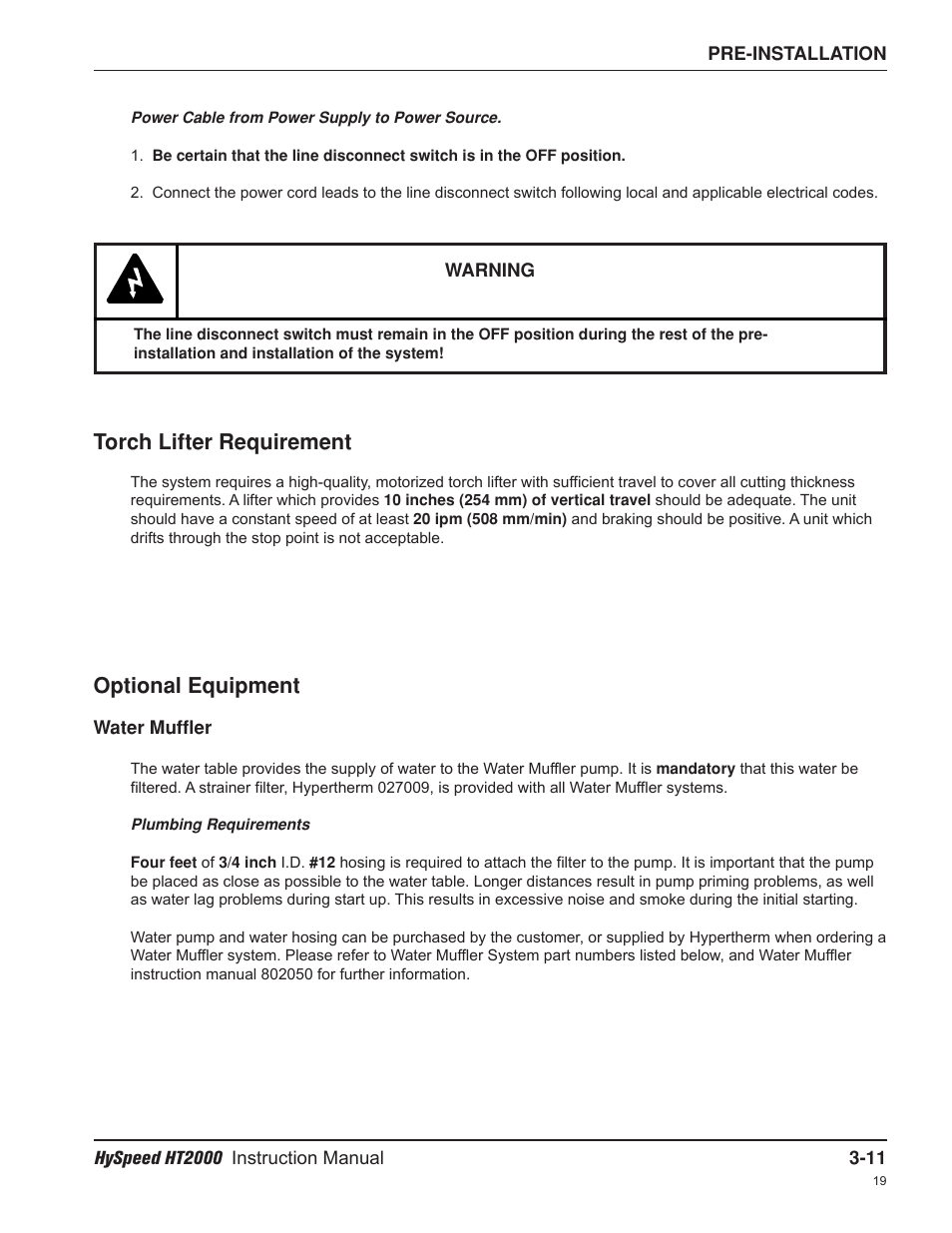 Optional equipment, Torch lifter requirement | Hypertherm HT2000-200 Volt User Manual | Page 52 / 289