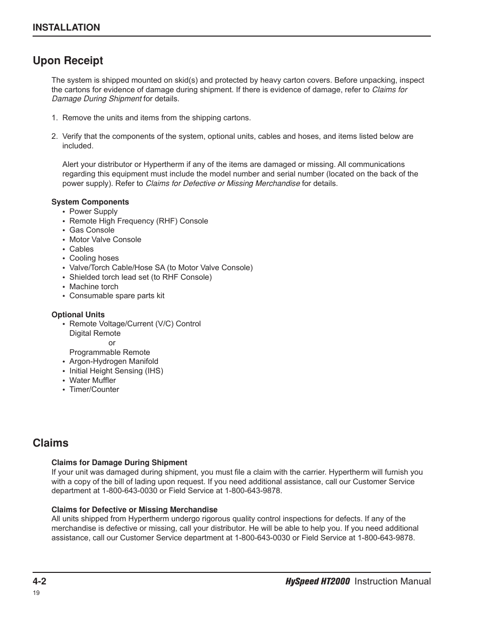 Claims, Upon receipt | Hypertherm HT2000-200 Volt User Manual | Page 55 / 289