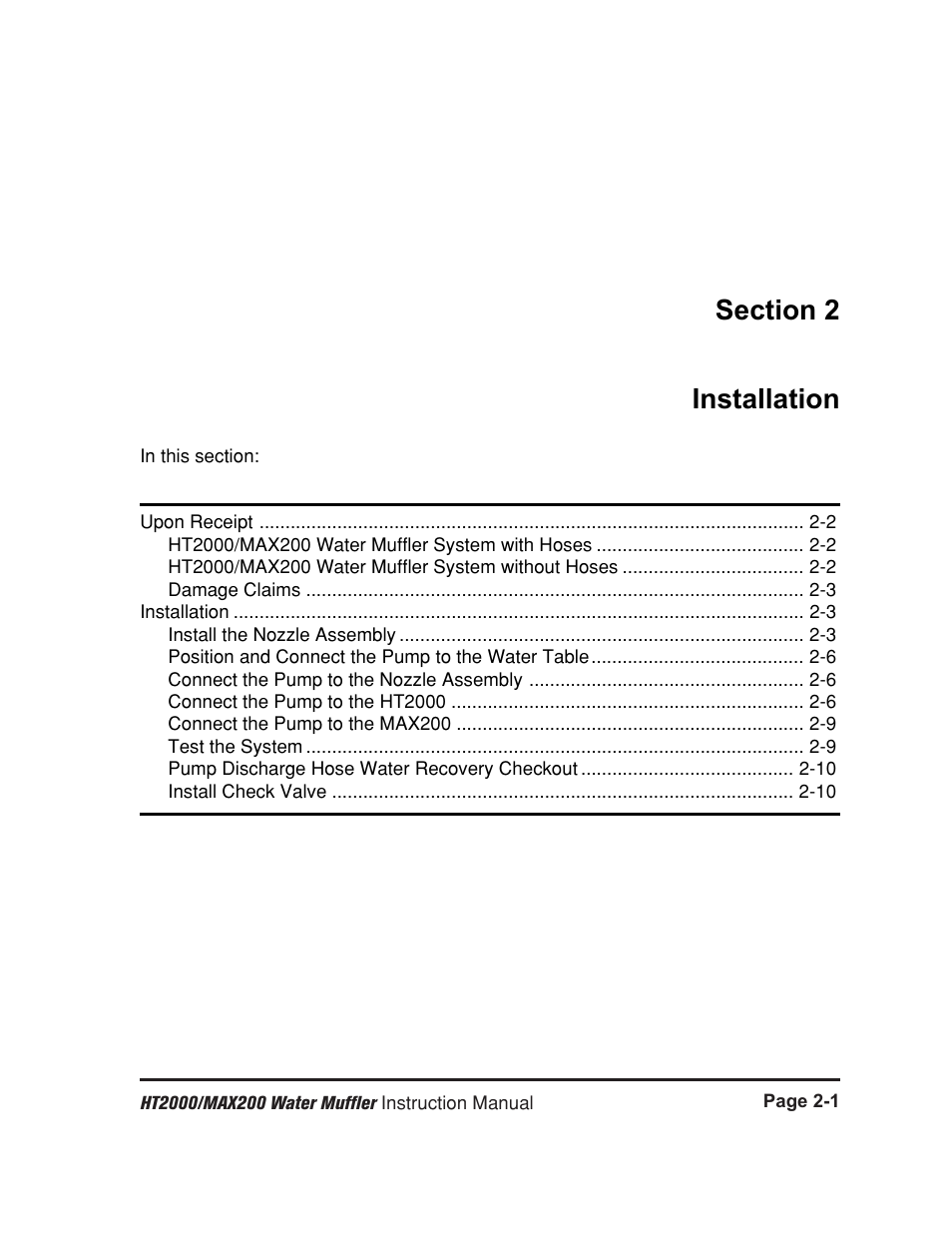 Section 2 - installation, Section 2 installation -1 | Hypertherm HT2000 Water Muffler User Manual | Page 10 / 39