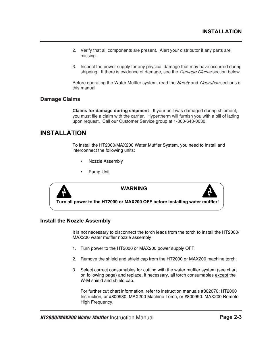 Damage claims -3, Installation -3, Install the nozzle assembly -3 | Installation | Hypertherm HT2000 Water Muffler User Manual | Page 12 / 39