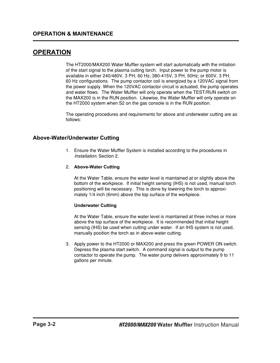 Operation -2, Above-water cutting/underwater cutting -2, Operation | Hypertherm HT2000 Water Muffler User Manual | Page 21 / 39