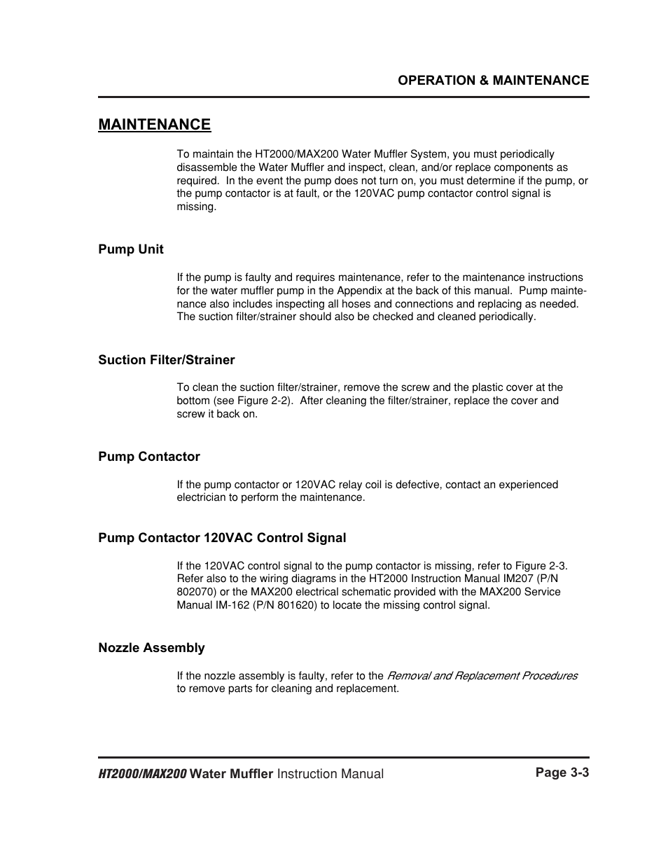 Maintenance -3, Pump unit -3, Suction filter/strainer -3 | Pump contactor -3, Pump contactor 120vac control signal -3, Nozzle assembly -3, Maintenance | Hypertherm HT2000 Water Muffler User Manual | Page 22 / 39