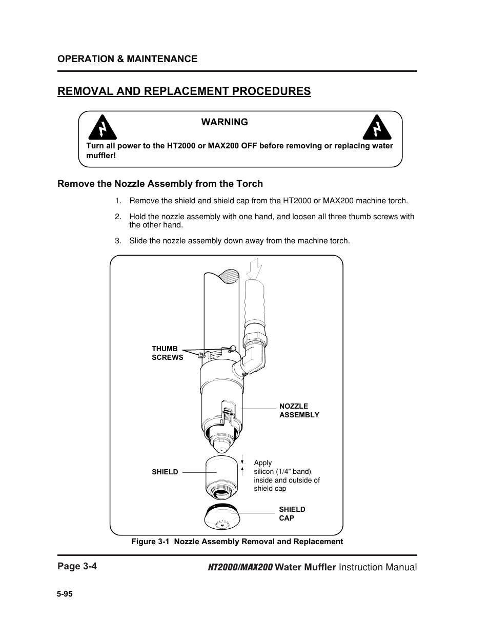 Removal and replacement procedures -4, Remove the nozzle assembly from the torch -4, Removal and replacement procedures | Hypertherm HT2000 Water Muffler User Manual | Page 23 / 39