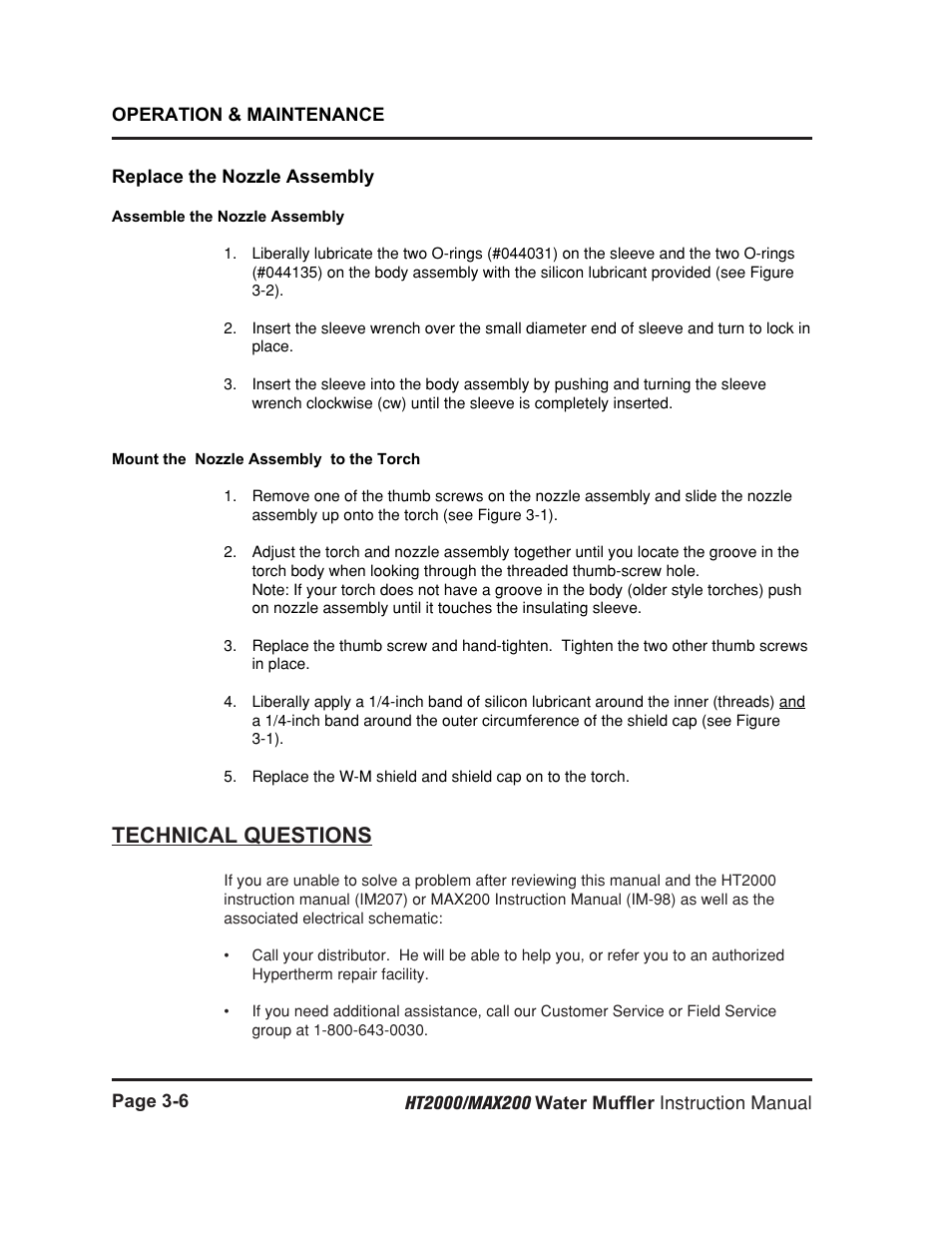 Replace the nozzle assembly -6, Technical questions -6, Technical questions | Hypertherm HT2000 Water Muffler User Manual | Page 25 / 39