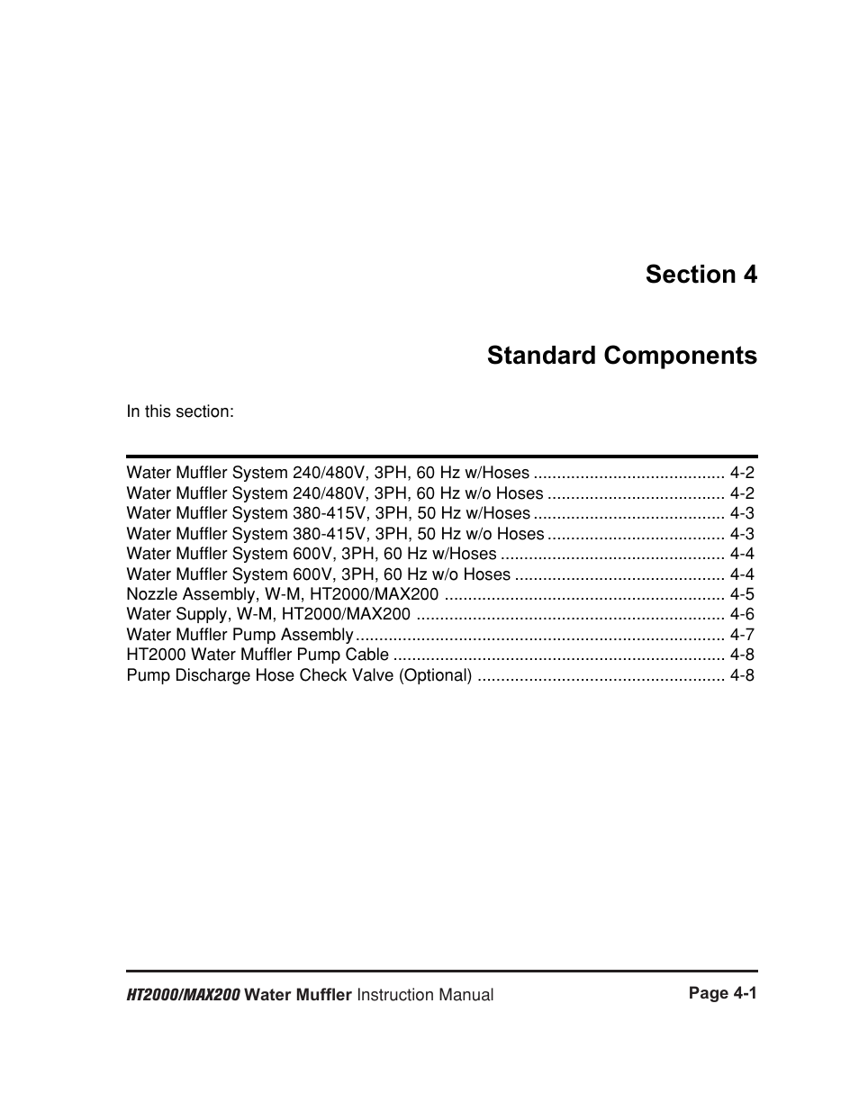 Section 4 - standard components, Section 4 standard components -1 | Hypertherm HT2000 Water Muffler User Manual | Page 26 / 39