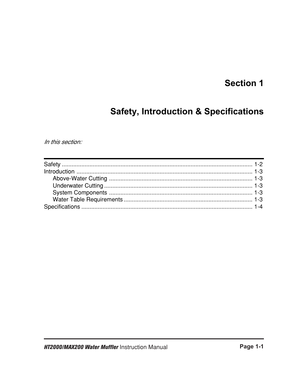 Section 1 - safety, intro, specs, Section 1 safety, introduction & specifications -1 | Hypertherm HT2000 Water Muffler User Manual | Page 6 / 39