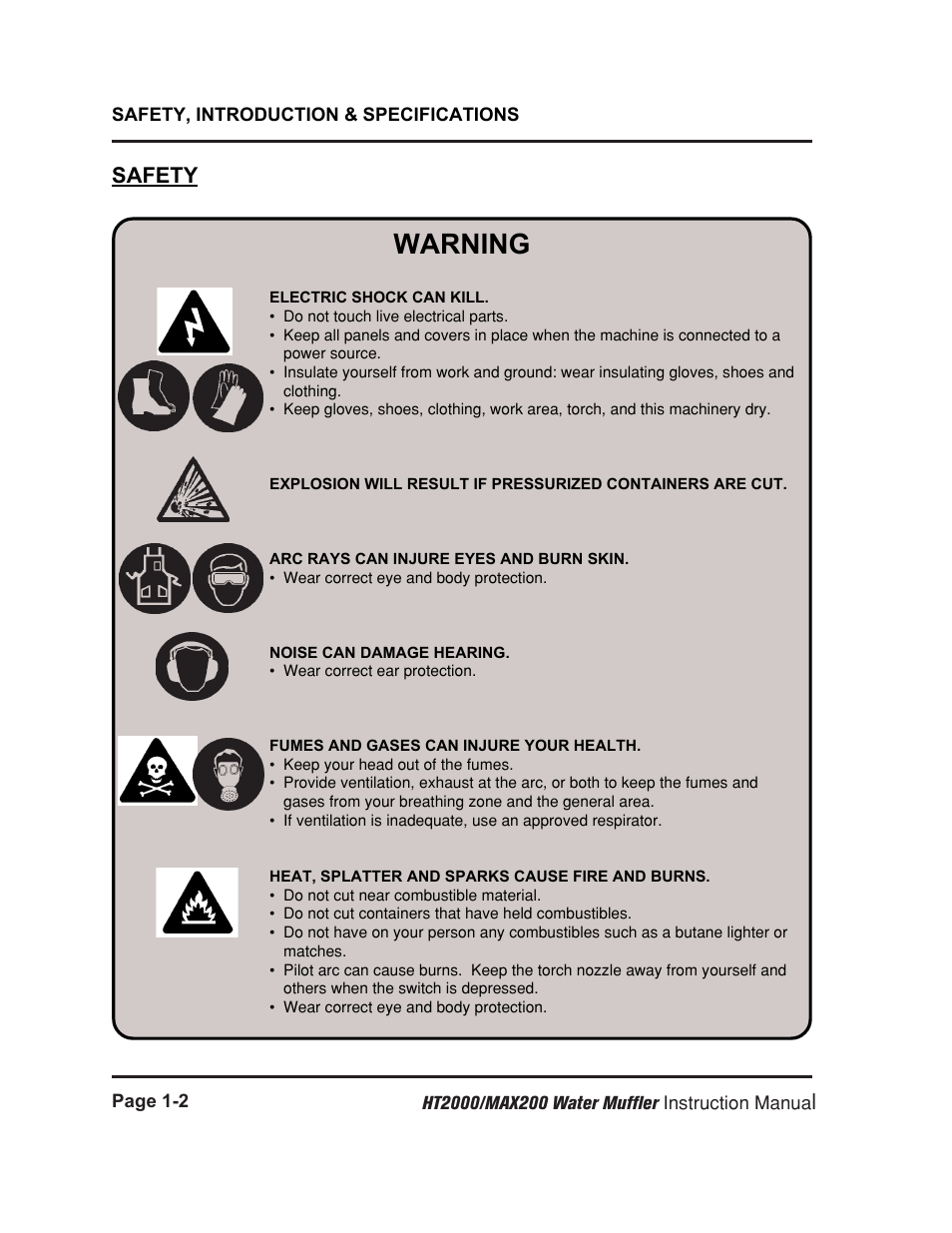 Safety -2, Warning, Safety | Hypertherm HT2000 Water Muffler User Manual | Page 7 / 39