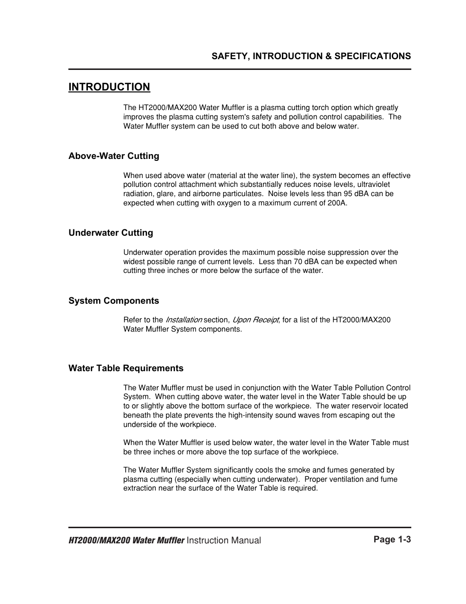 Introduction -3, Above-water cutting -3, Underwater cutting -3 | System components -3, Water table requirements -3, Introduction | Hypertherm HT2000 Water Muffler User Manual | Page 8 / 39