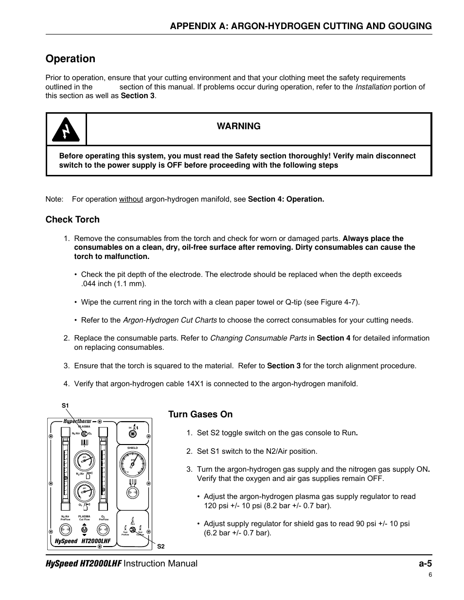 Operation, Warning, Check torch | Turn gases on, Hyspeed, Ht2000lhf | Hypertherm HT200LHF-200 Volt HySpeed User Manual | Page 165 / 202
