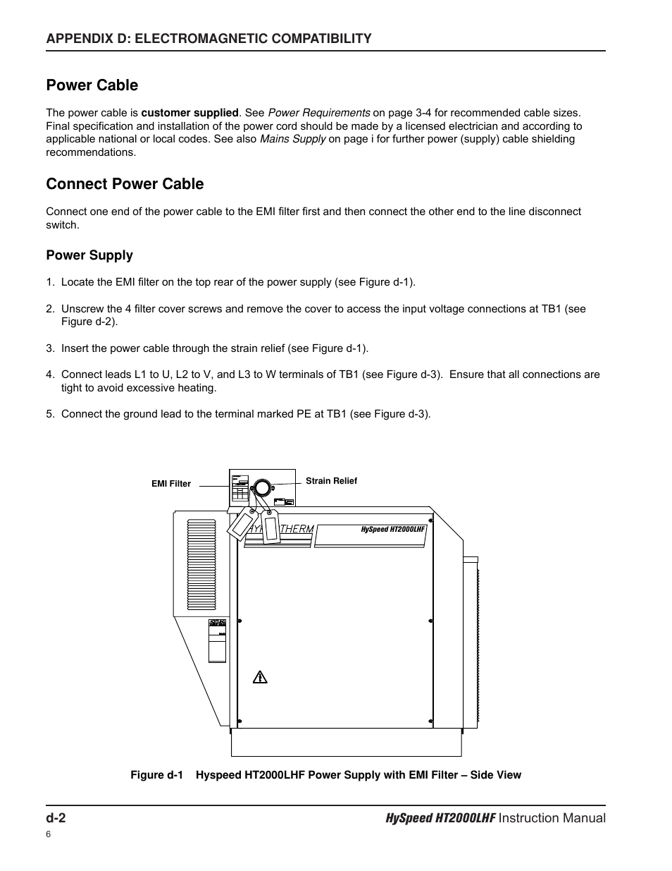 Power cable, Connect power cable | Hypertherm HT200LHF-200 Volt HySpeed User Manual | Page 190 / 202