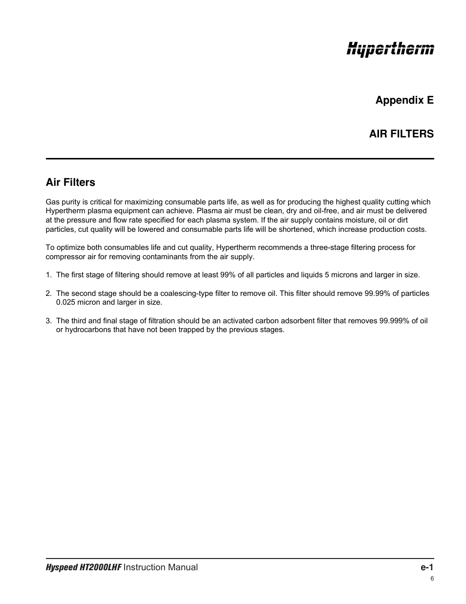 Appendix e air filters air filters | Hypertherm HT200LHF-200 Volt HySpeed User Manual | Page 193 / 202