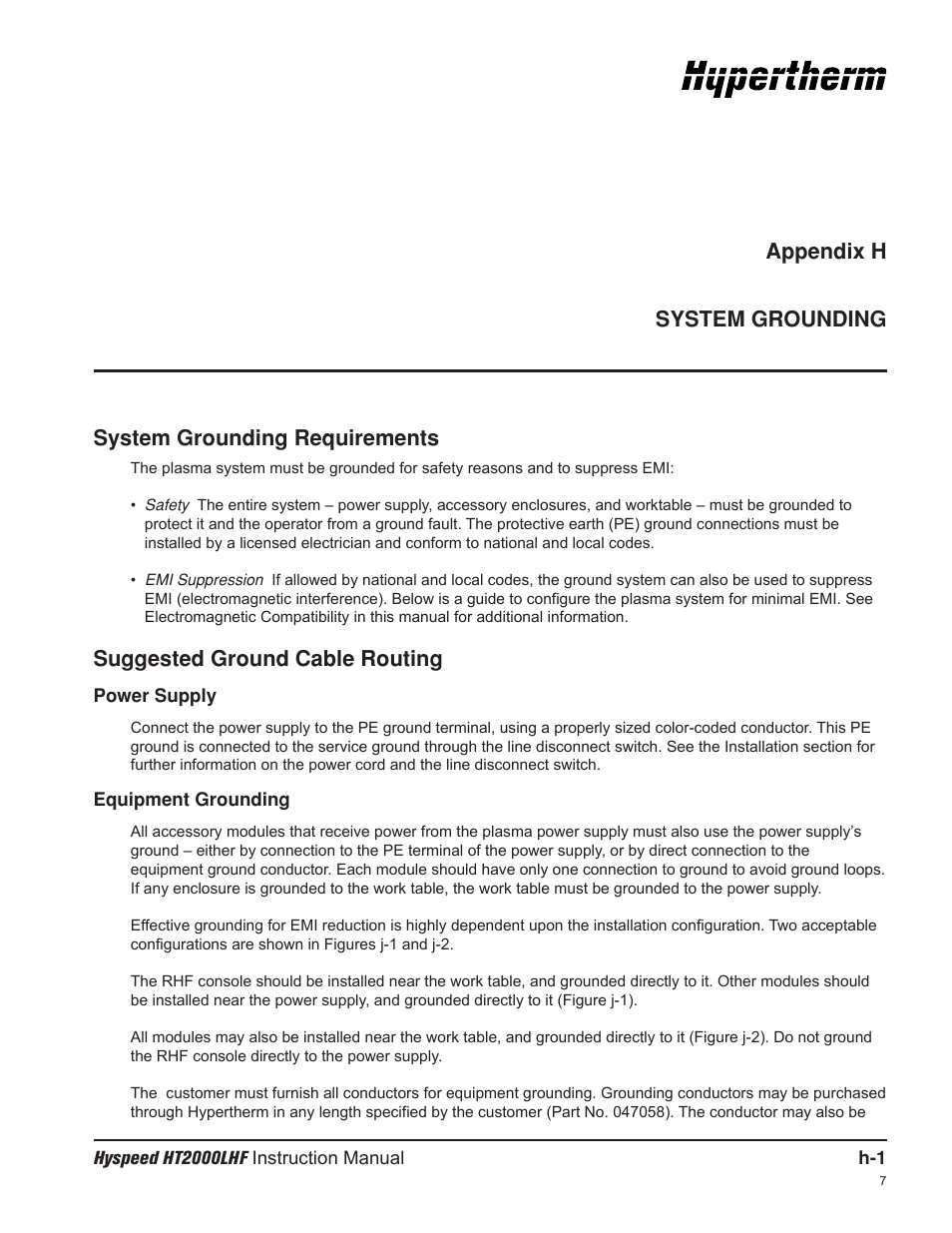 System grounding requirements, Suggested ground cable routing, Appendix h system grounding | Hypertherm HT200LHF-200 Volt HySpeed User Manual | Page 199 / 202