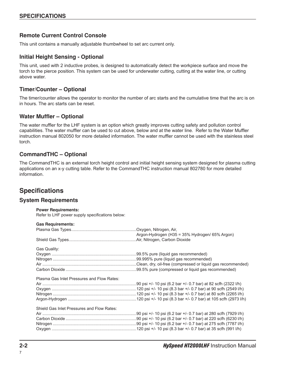Specifications | Hypertherm HT200LHF-200 Volt HySpeed User Manual | Page 29 / 202