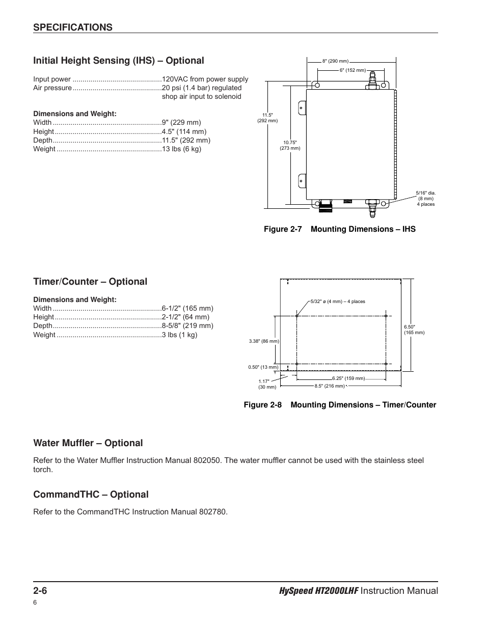 Initial height sensing (ihs) – optional, Timer/counter – optional, Water muffler – optional | Commandthc – optional | Hypertherm HT200LHF-200 Volt HySpeed User Manual | Page 33 / 202