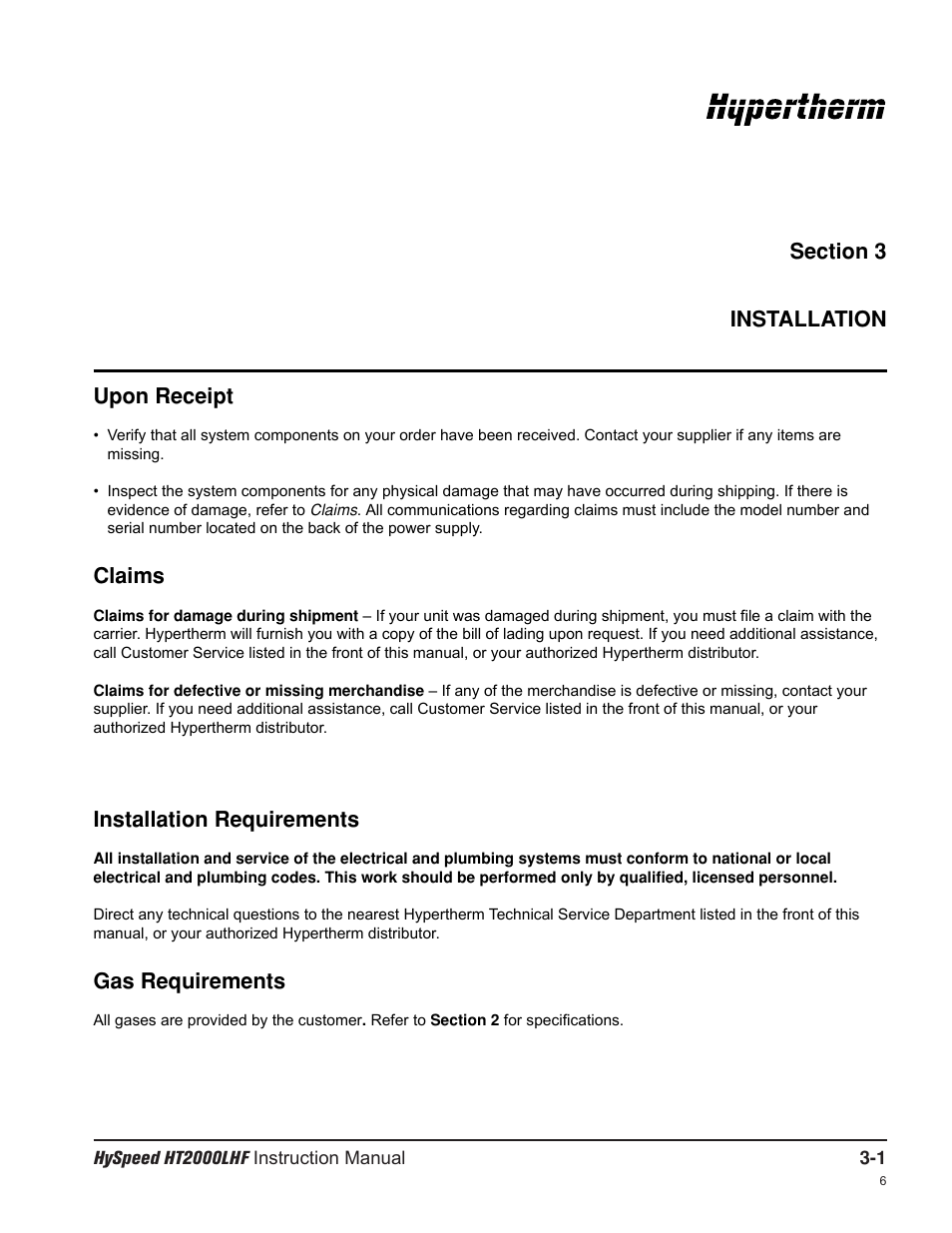 Gas requirements, Upon receipt, Claims | Hypertherm HT200LHF-200 Volt HySpeed User Manual | Page 34 / 202