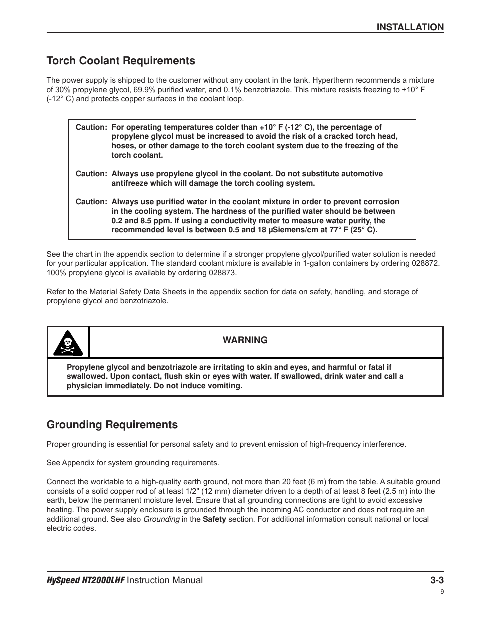 Torch coolant requirements, Grounding requirements | Hypertherm HT200LHF-200 Volt HySpeed User Manual | Page 36 / 202
