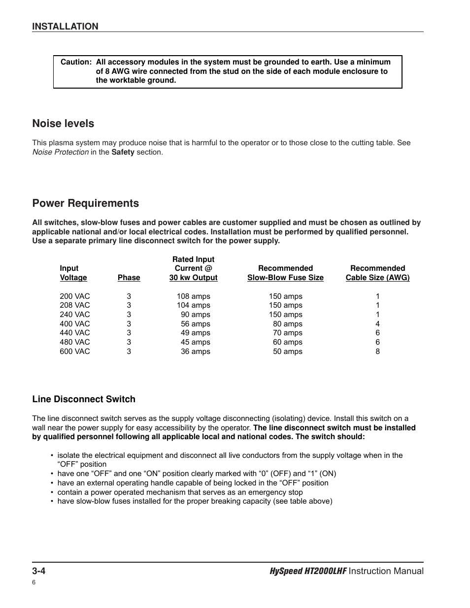 Noise levels, Power requirements | Hypertherm HT200LHF-200 Volt HySpeed User Manual | Page 37 / 202
