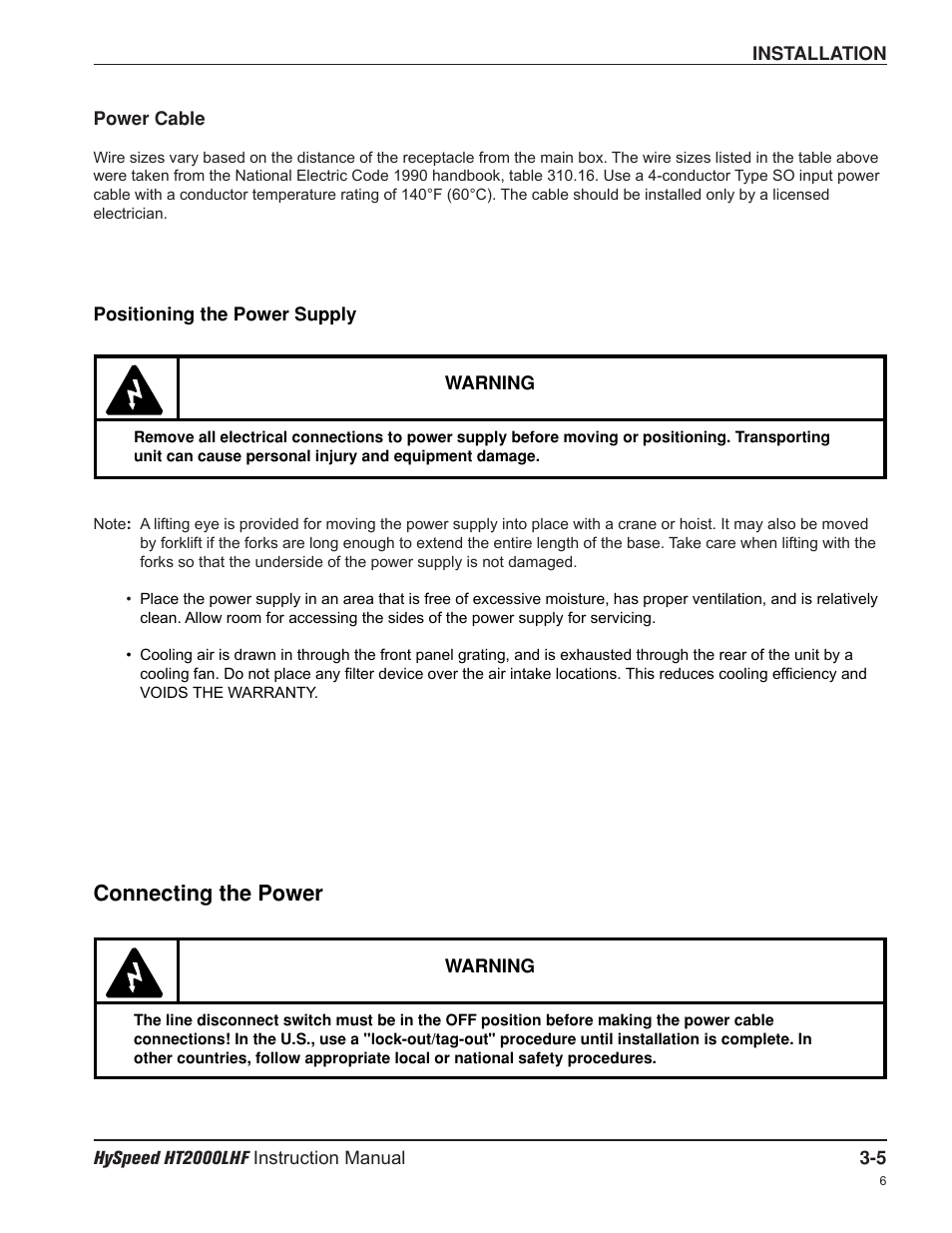 Connecting the power | Hypertherm HT200LHF-200 Volt HySpeed User Manual | Page 38 / 202
