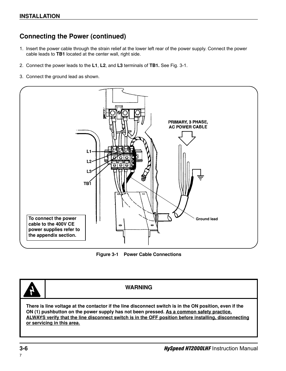 Connecting the power (continued) | Hypertherm HT200LHF-200 Volt HySpeed User Manual | Page 39 / 202