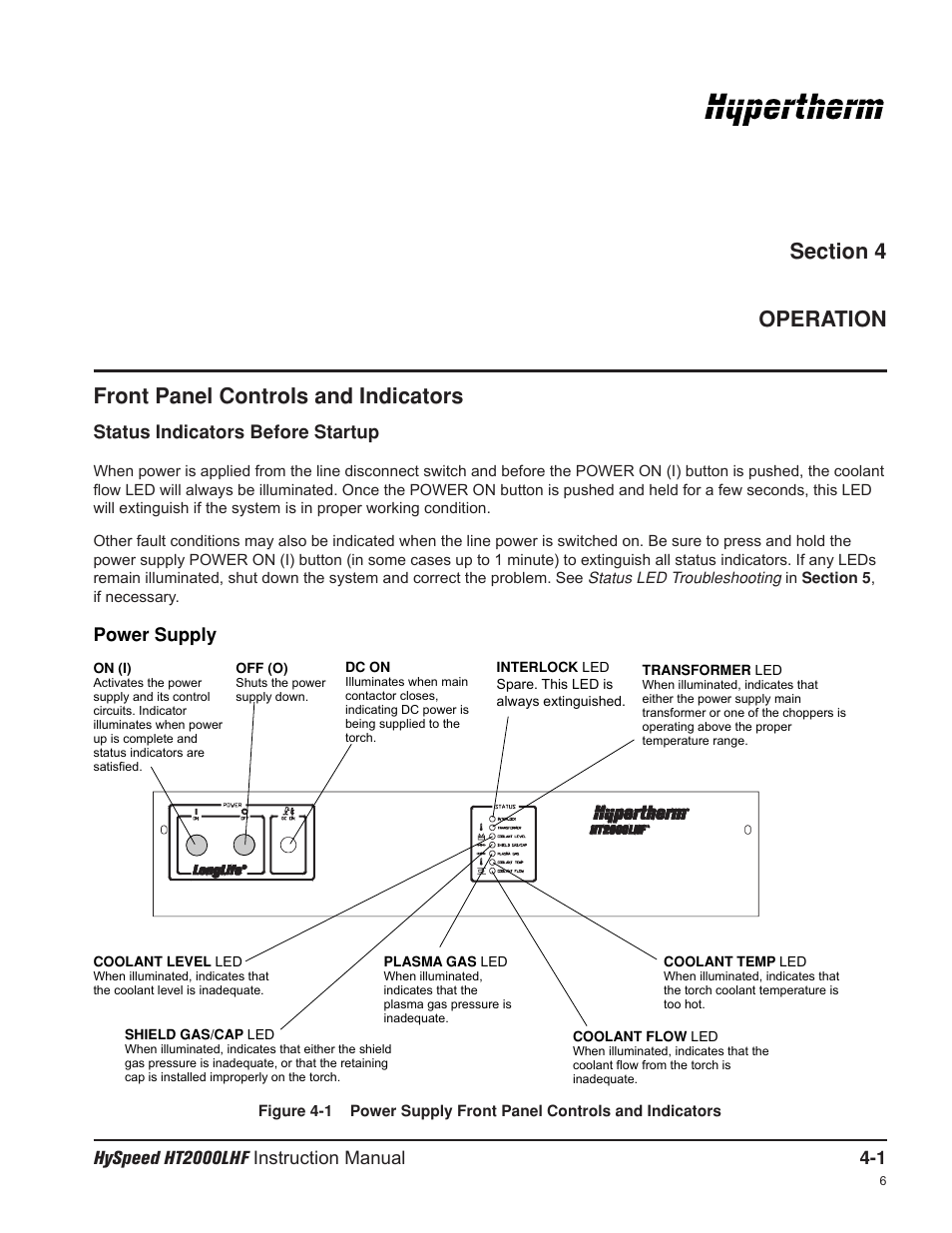 Front panel controls and indicators, Status indicators before startup, Power supply | Hypertherm HT200LHF-200 Volt HySpeed User Manual | Page 54 / 202
