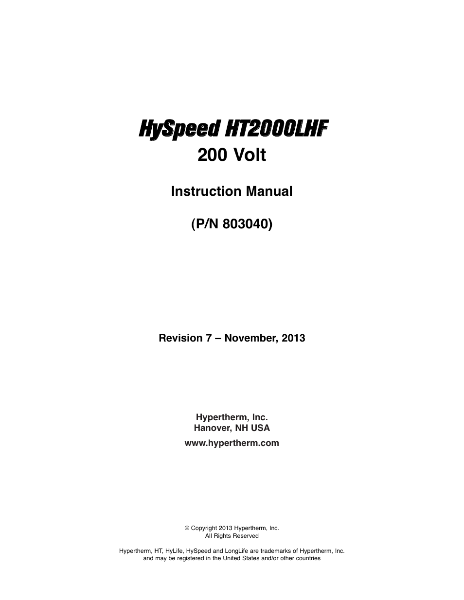 Hypertherm HT200LHF-200 Volt HySpeed User Manual | Page 6 / 202