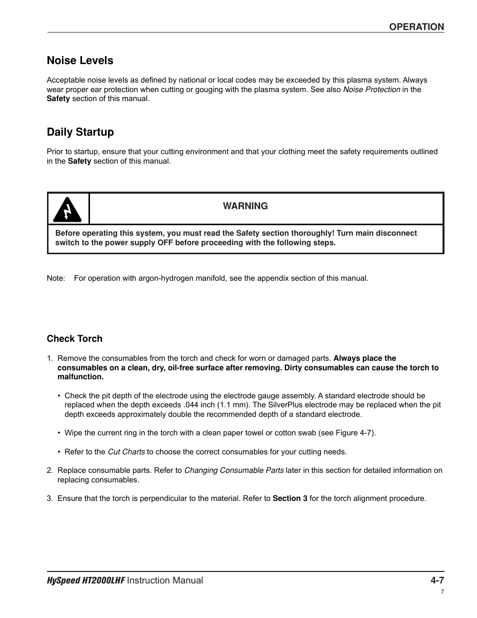 Noise levels, Daily startup | Hypertherm HT200LHF-200 Volt HySpeed User Manual | Page 60 / 202