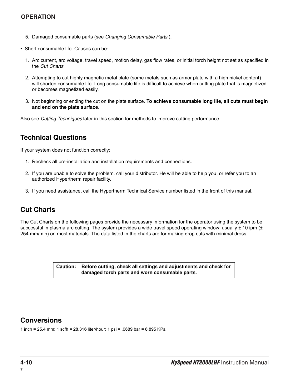 Technical questions, Cut charts, Conversions | Hypertherm HT200LHF-200 Volt HySpeed User Manual | Page 63 / 202