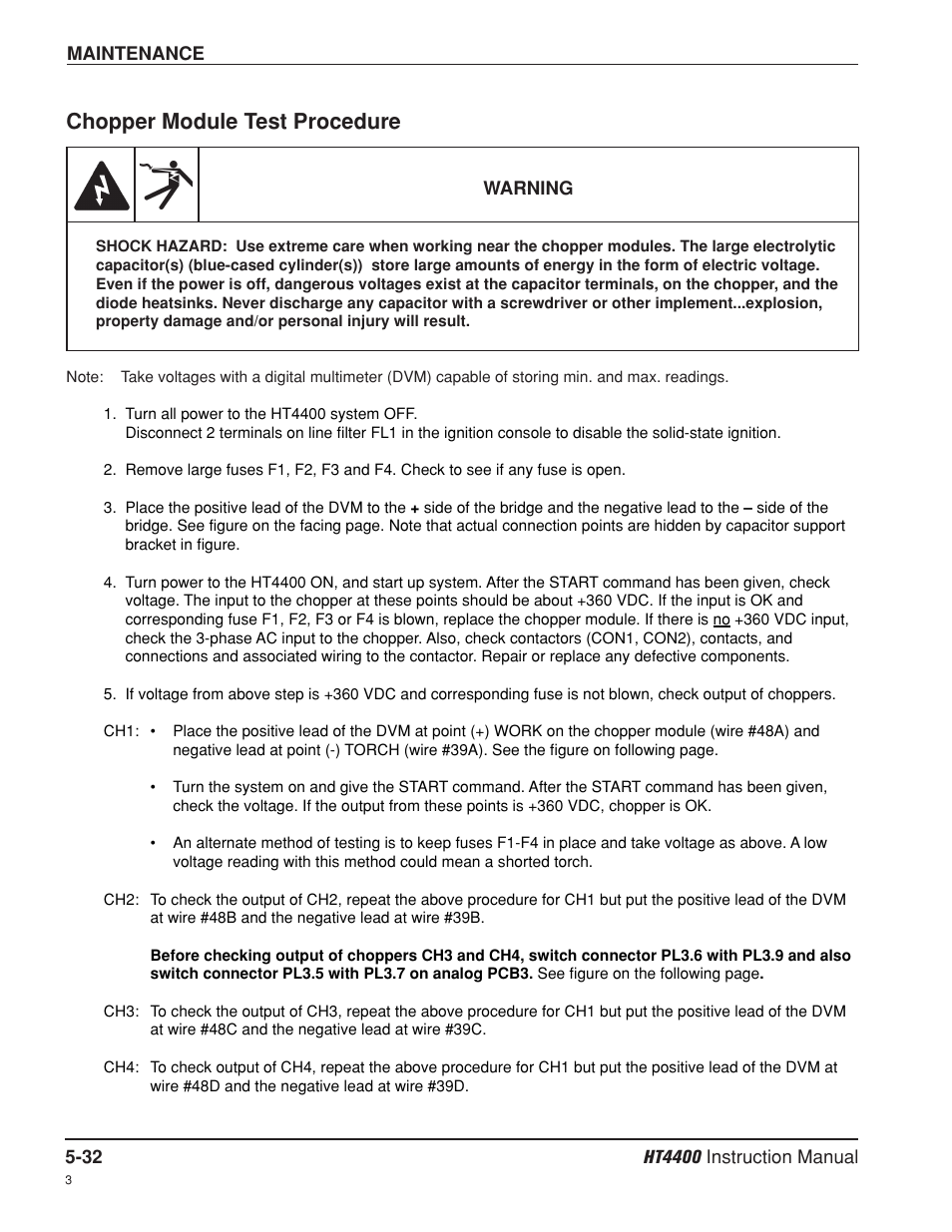 Chopper module test procedure -32, Chopper module test procedure | Hypertherm HT4400 HySpeed Plasma Arc Cutting System User Manual | Page 123 / 199