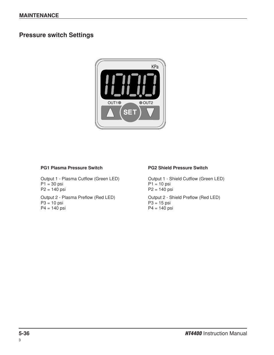 Pressure switch settings -36, Pressure switch settings, Se t | Hypertherm HT4400 HySpeed Plasma Arc Cutting System User Manual | Page 126 / 199