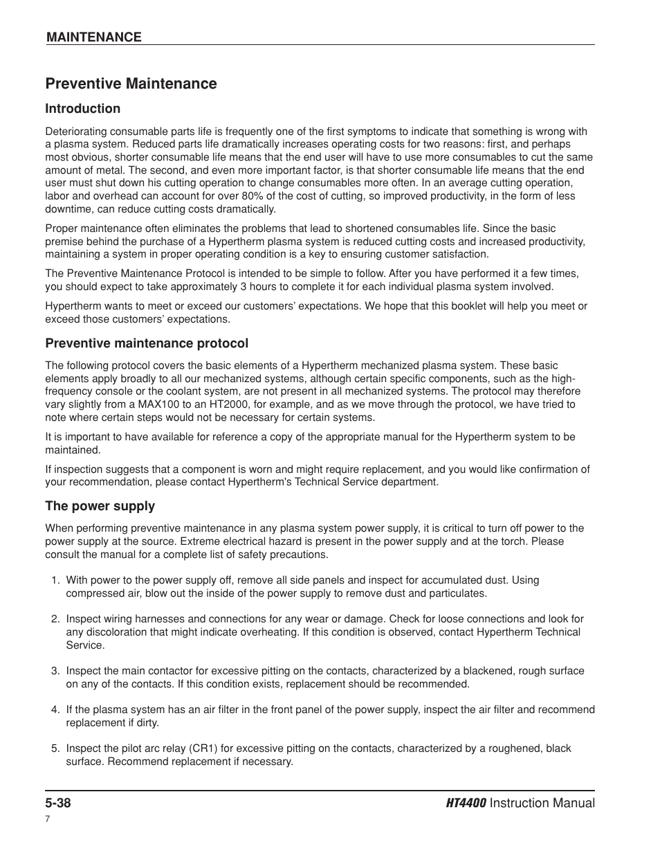 Preventative maintenance -38, Preventative maintenance schedule -38 | Hypertherm HT4400 HySpeed Plasma Arc Cutting System User Manual | Page 128 / 199