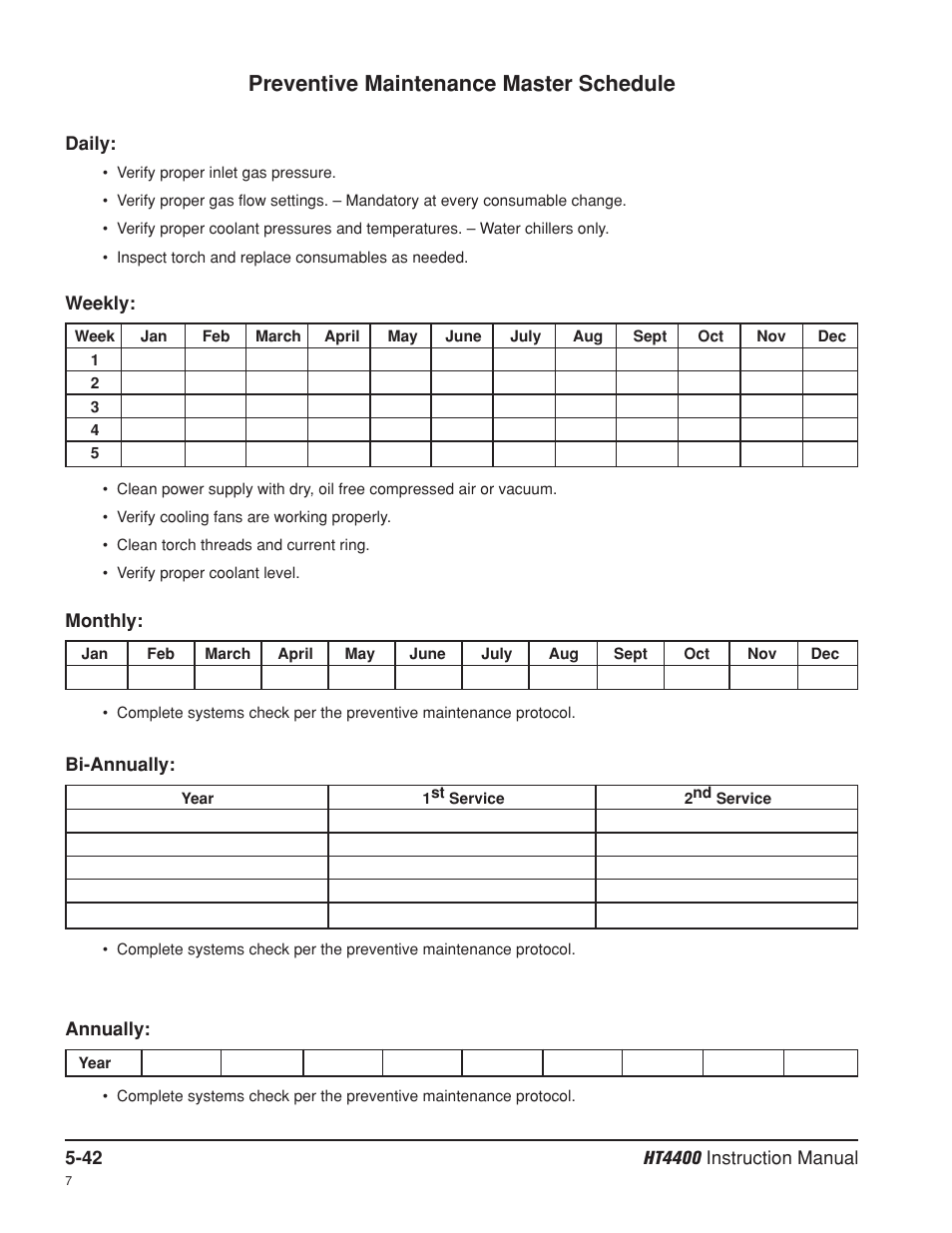 Preventive maintenance master schedule | Hypertherm HT4400 HySpeed Plasma Arc Cutting System User Manual | Page 132 / 199