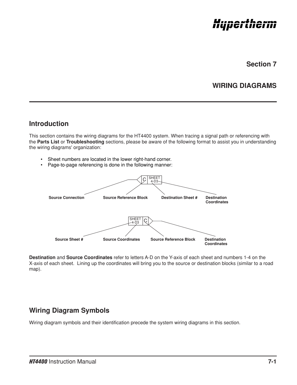 Section 7 wiring diagrams, Section 7, Wiring diagrams -1 | Introduction -1, Wiring diagram symbols -1, Wiring diagram symbols | Hypertherm HT4400 HySpeed Plasma Arc Cutting System User Manual | Page 148 / 199