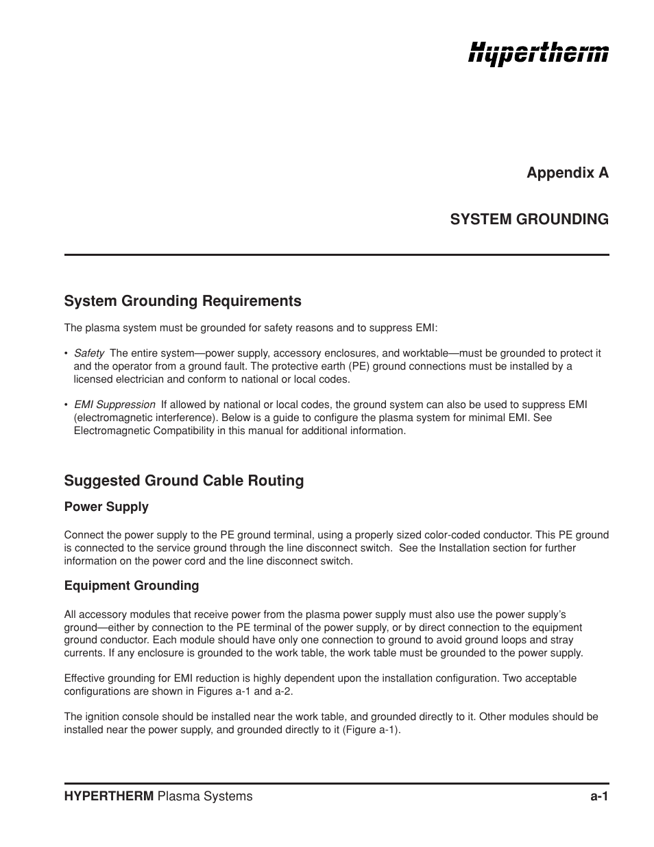 Appendix a system grounding, Appendix a | Hypertherm HT4400 HySpeed Plasma Arc Cutting System User Manual | Page 164 / 199