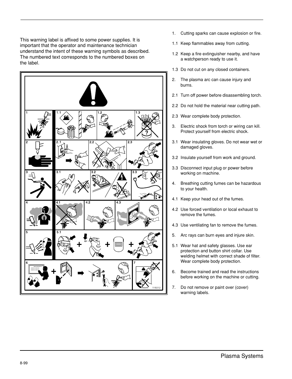 Warning label -6, Safety 1-6 hypertherm plasma systems, Safety warning label | Hypertherm HT4400 HySpeed Plasma Arc Cutting System User Manual | Page 19 / 199
