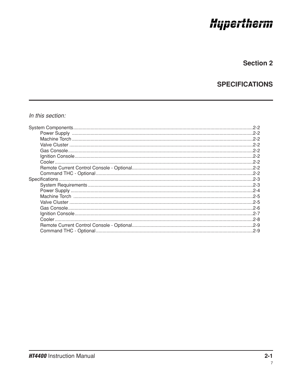 Section 2 specifications, Section 2, Specifications -1 | Hypertherm HT4400 HySpeed Plasma Arc Cutting System User Manual | Page 26 / 199