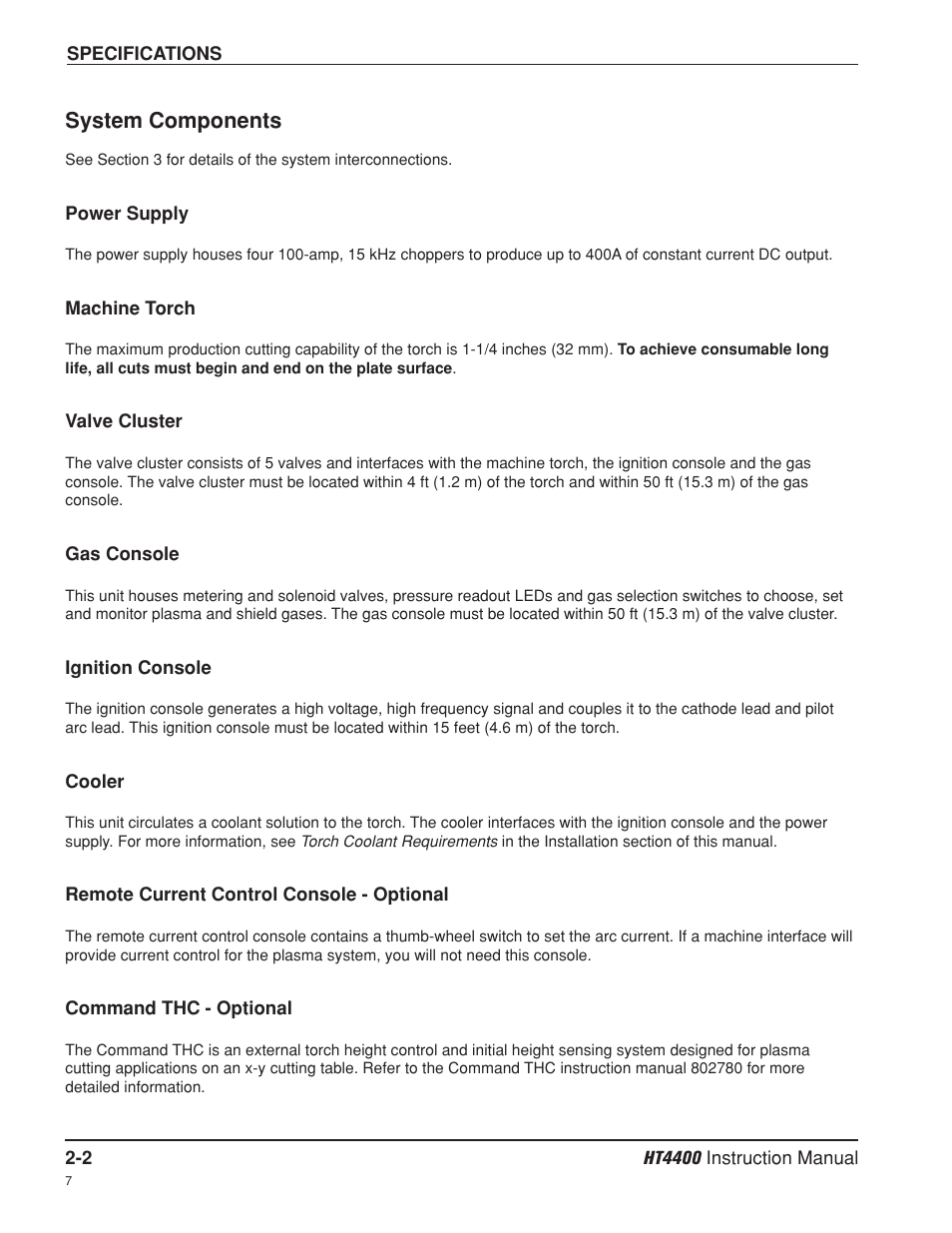 System components -2, Power supply -2, Machine torch -2 | Valve cluster -2, Gas console -2, Ignition console -2, Cooler -2, Remote current control console - optional -2, Command thc - optional -2 | Hypertherm HT4400 HySpeed Plasma Arc Cutting System User Manual | Page 27 / 199