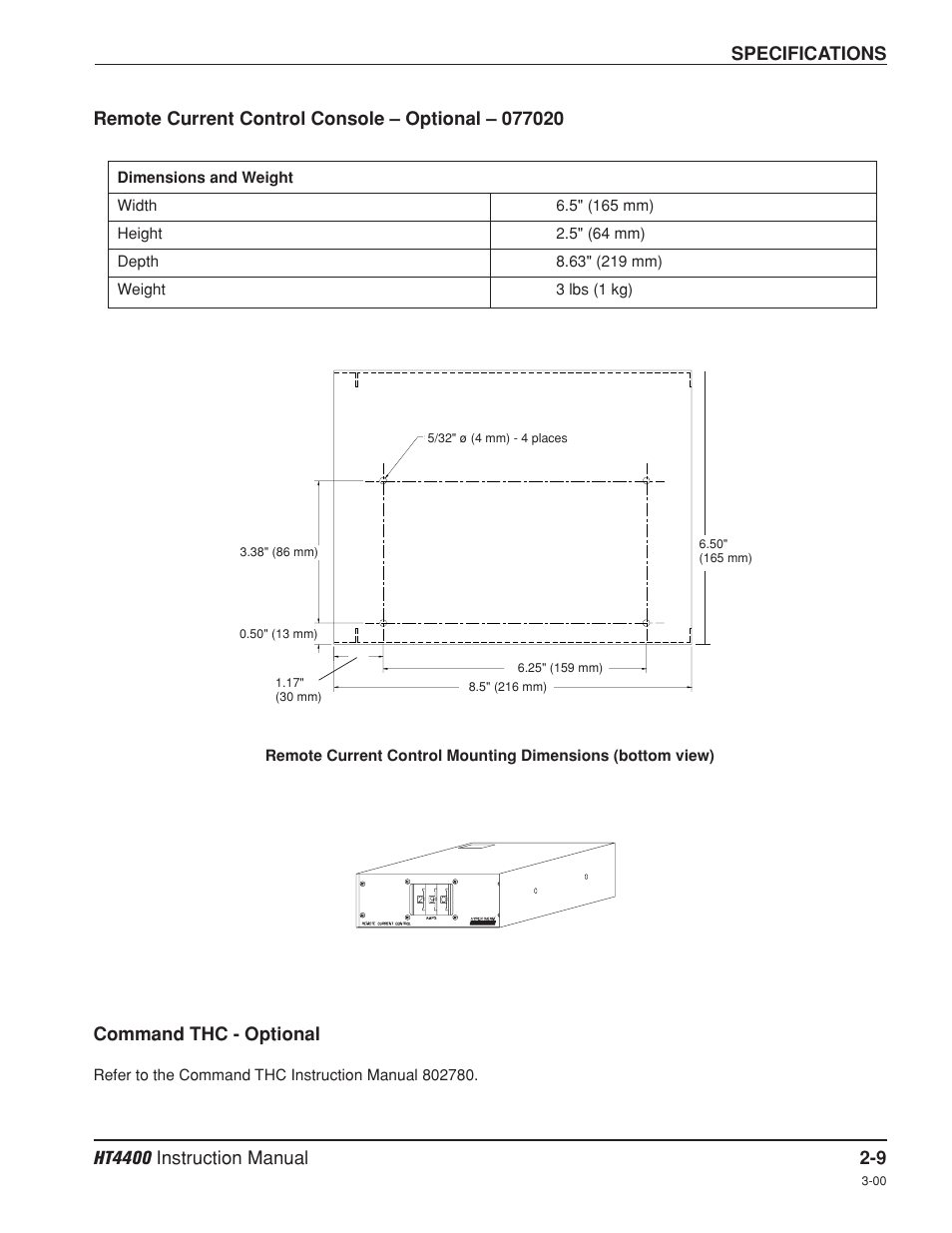 Remote current control console - optional -9, Command thc - optional -9 | Hypertherm HT4400 HySpeed Plasma Arc Cutting System User Manual | Page 34 / 199