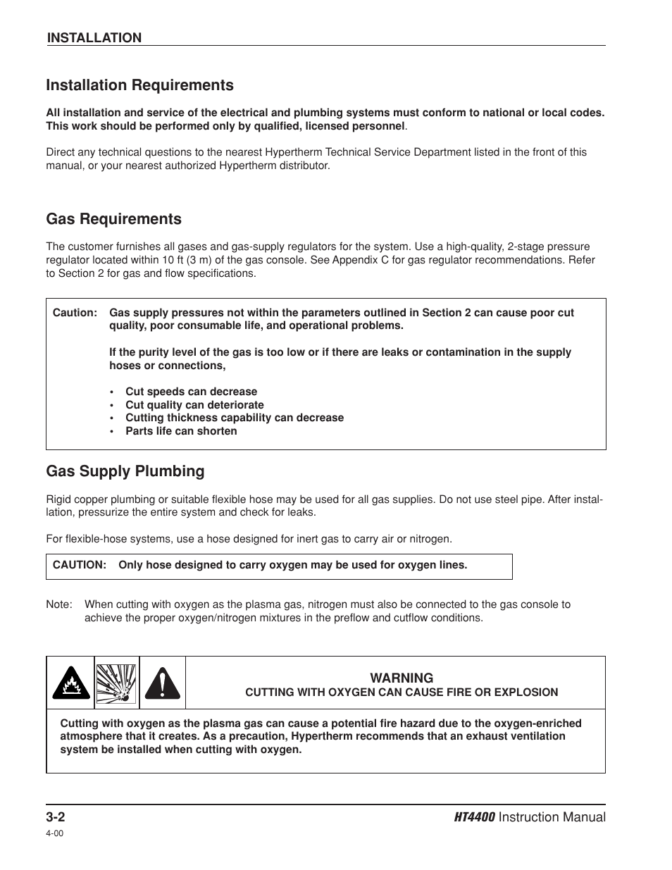 Installation requirements -2, Gas requirements -2, Gas supply plumbing -2 | Hypertherm HT4400 HySpeed Plasma Arc Cutting System User Manual | Page 36 / 199