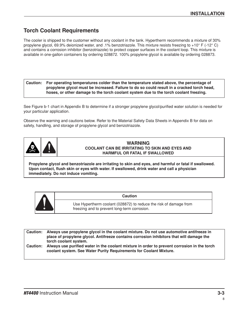 Torch coolant requirements -3, Torch coolant requirements for coolant mixture -3, Torch coolant requirements | Hypertherm HT4400 HySpeed Plasma Arc Cutting System User Manual | Page 37 / 199