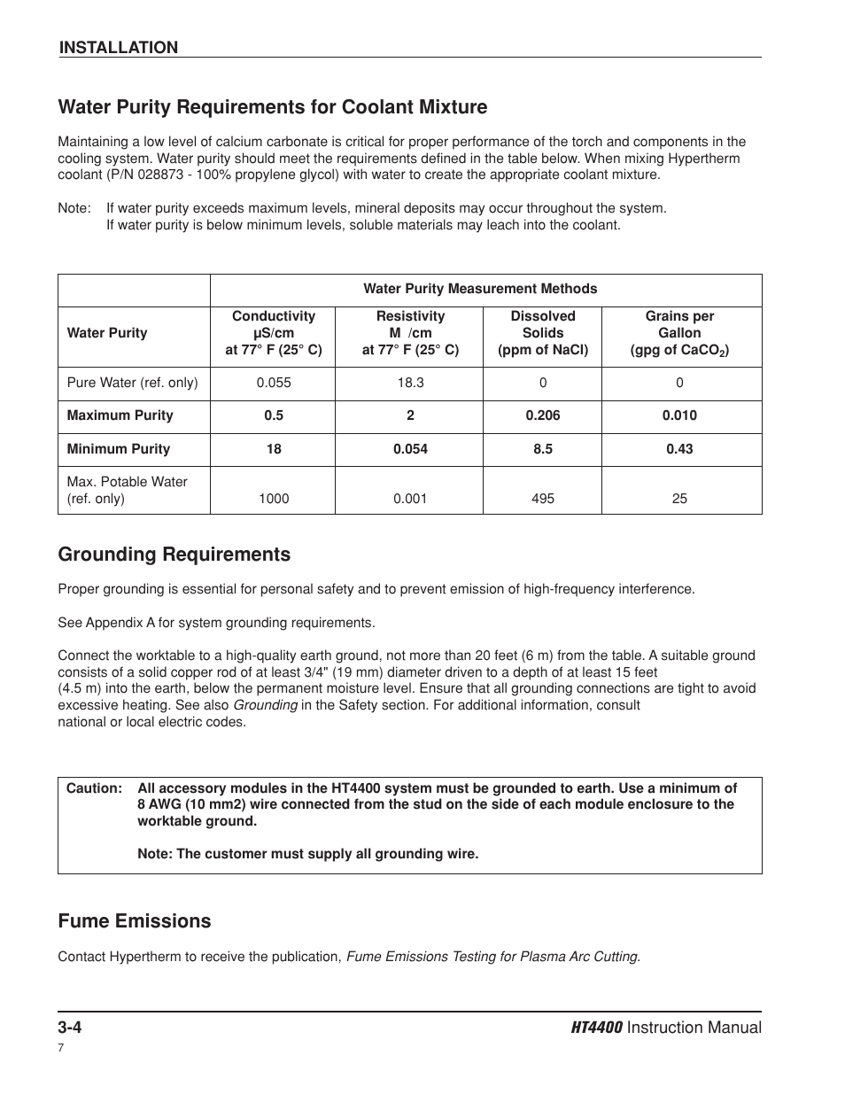 Water purity requirements for coolant mixture -4, Grounding requirements -4, Fume emissions -4 | Water purity requirements for coolant mixture, Grounding requirements, Fume emissions | Hypertherm HT4400 HySpeed Plasma Arc Cutting System User Manual | Page 38 / 199