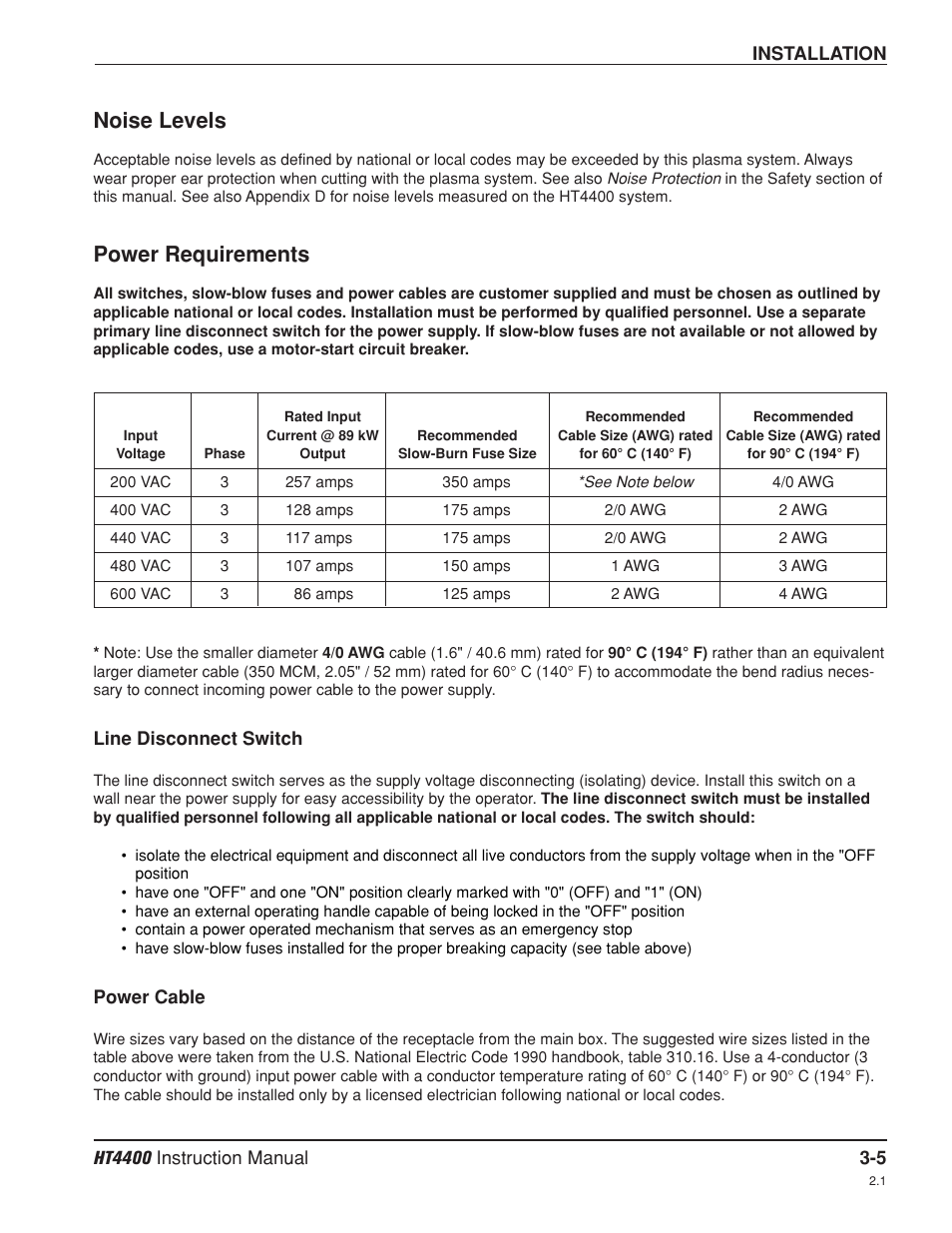 Noise levels -5, Power requirements -5, Noise levels -5 power requirements -5 | Noise levels, Power requirements | Hypertherm HT4400 HySpeed Plasma Arc Cutting System User Manual | Page 39 / 199